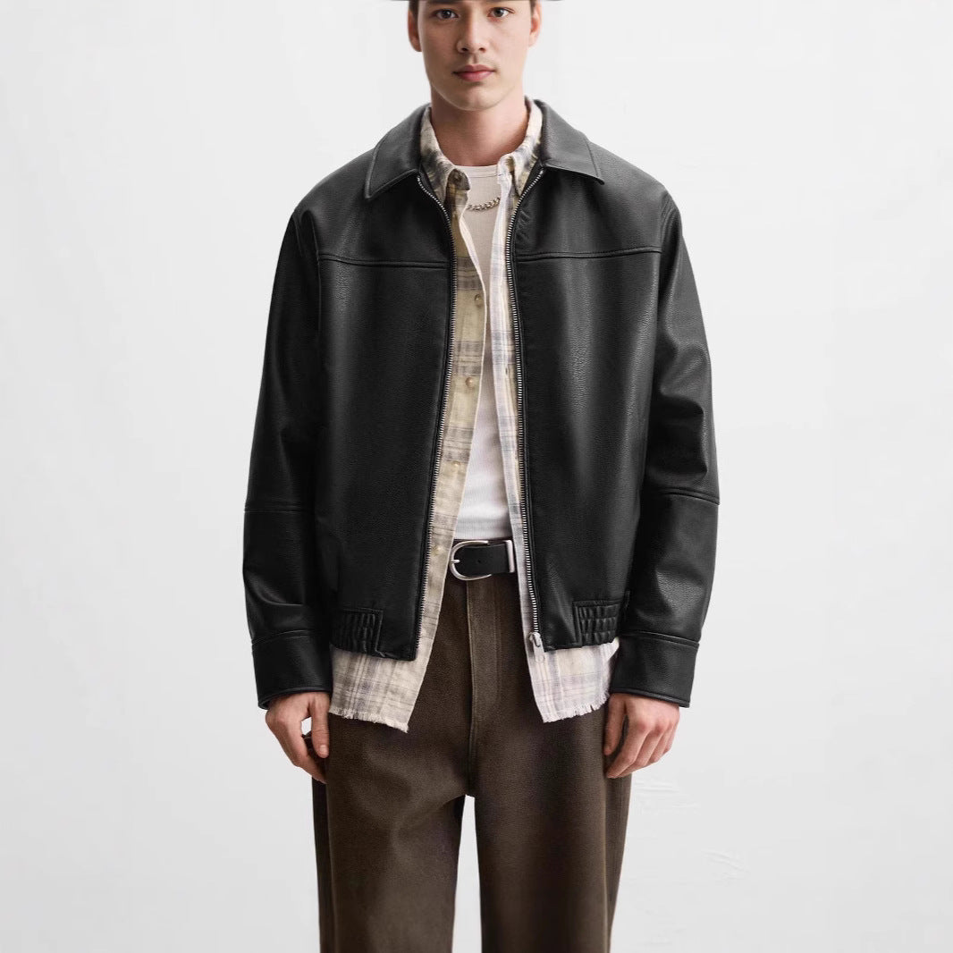 Men's Boxy Leather Blouson with Shirt Collar and Concealed Zipper Amarae