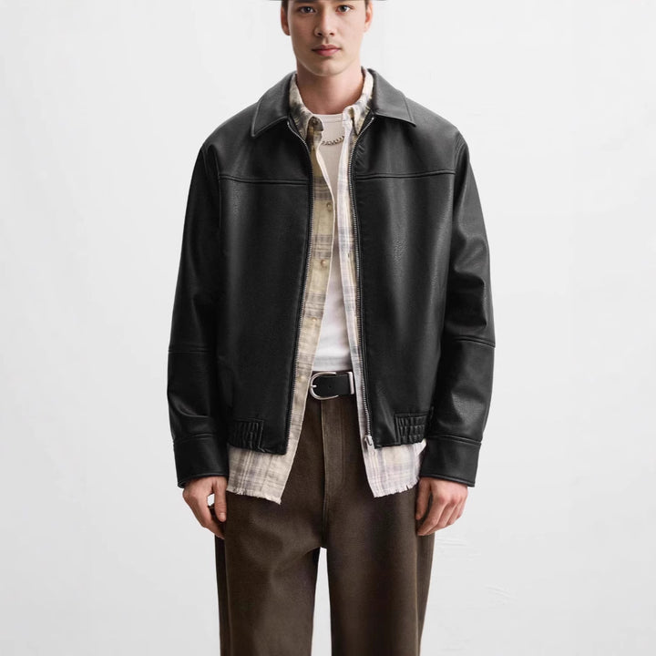 Men's Boxy Leather Blouson with Shirt Collar and Concealed Zipper Amarae