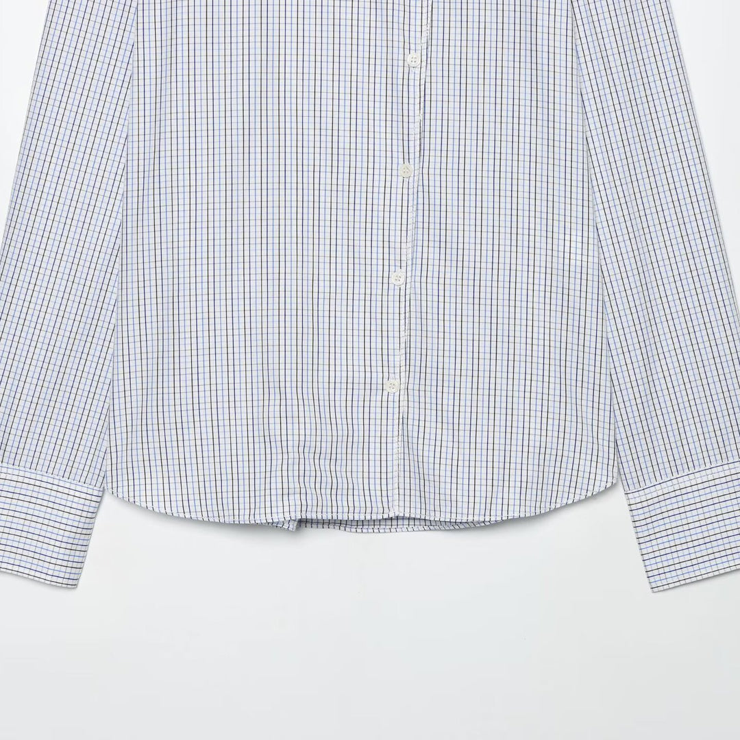 Women's Checkered Shirt with Stand Collar, Asymmetrical Button Placket and Shoulder Epaulettes Amarae