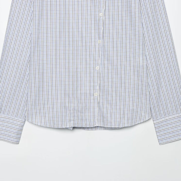 Women's Checkered Shirt with Stand Collar, Asymmetrical Button Placket and Shoulder Epaulettes Amarae