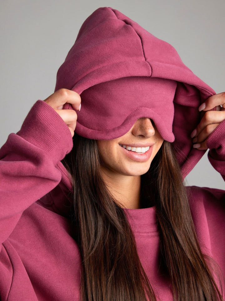 Ladies hoodie with integrated sleep mask design and soft interior Lune London