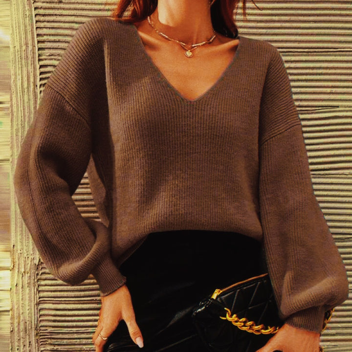 Ladies elegant V-neck sweater with puff sleeves Lune London