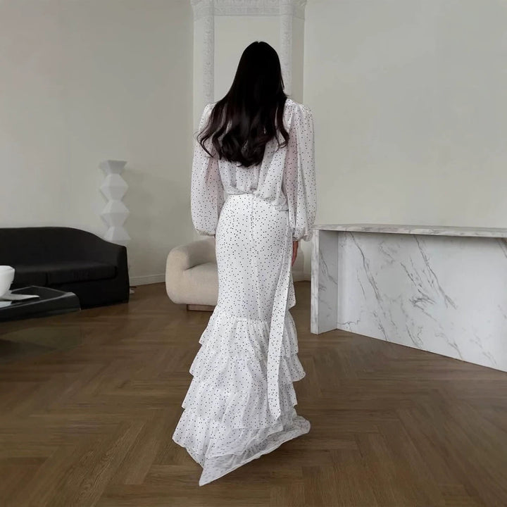 Women's Maxi Dress in Chiffon with Wrap Top, Bow and Tiered Ruffle Skirt Amarae
