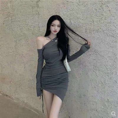Women's Elegant Mini Dress with Asymmetrical Neckline and Figure-Hugging Gathering Effect