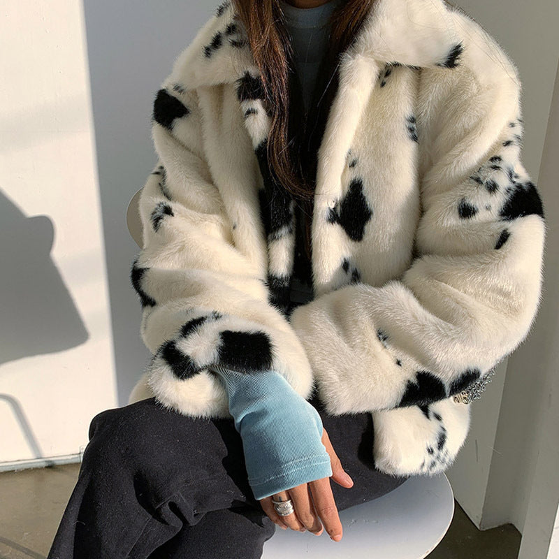Comfortable plush jacket for women with cow pattern Lune London
