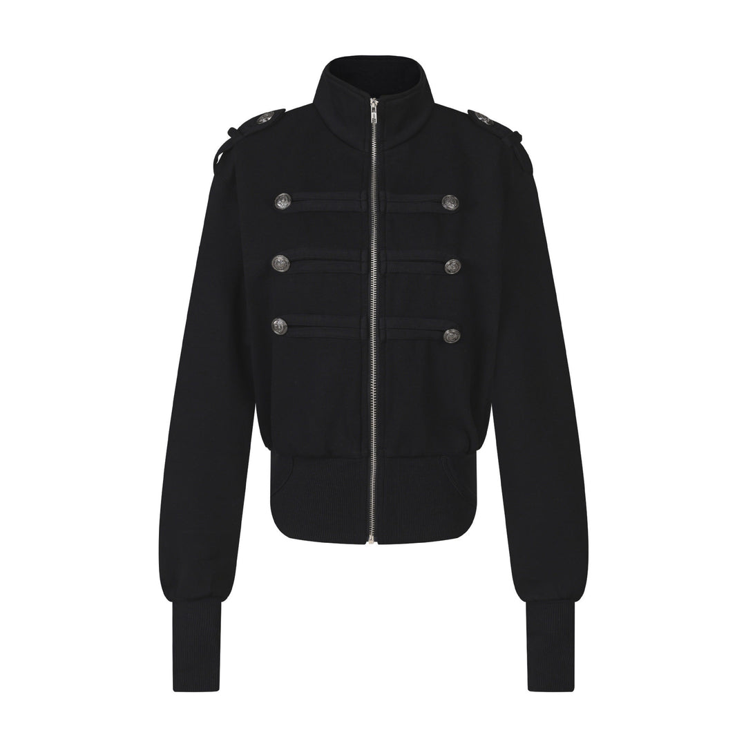 Women's Short Sweat Jacket in Military Style with Stand-Up Collar and Decorative Patches Amarae