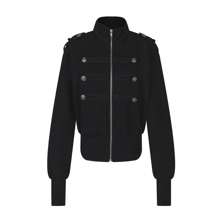 Women's Short Sweat Jacket in Military Style with Stand-Up Collar and Decorative Patches Amarae