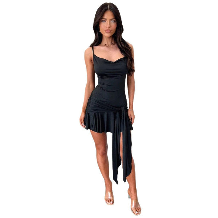 Ladies figure-hugging wrap dress with a narrow waist and asymmetrical hem Lune London