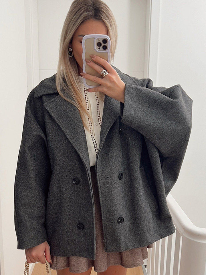 Women's Boxy Wool Blend Cocoon Jacket with Double-Breasted Button Placket and Wide Lapels Amarae