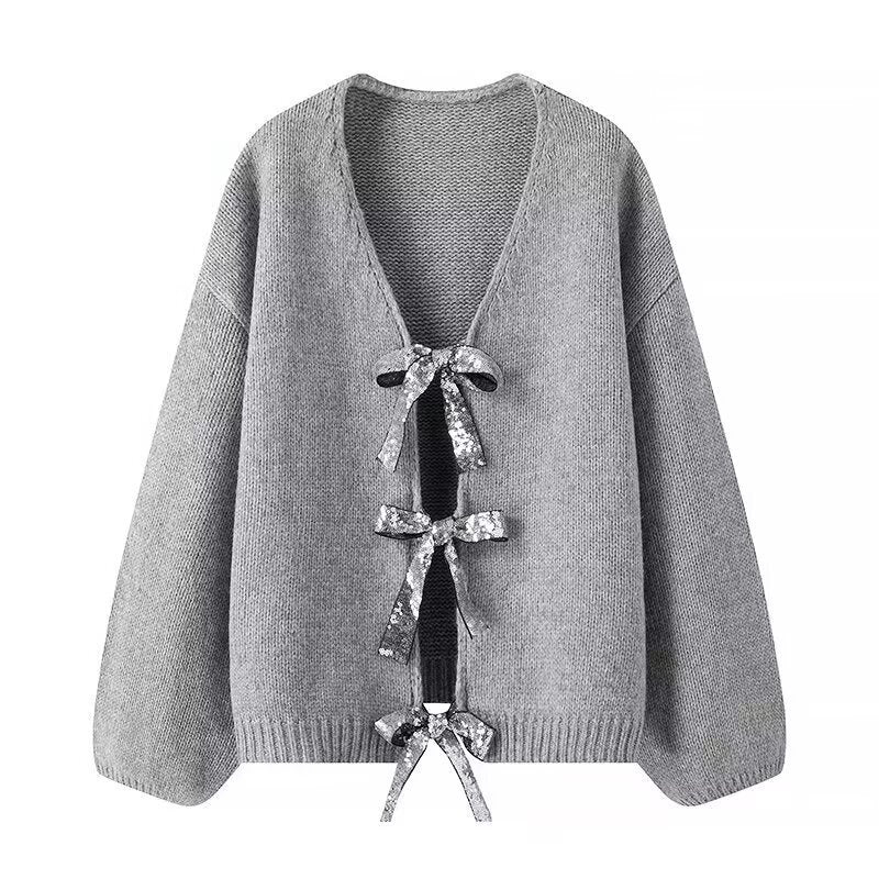 Women's Oversized Knit Cardigan with V-Neck and Sequin Bows Amarae
