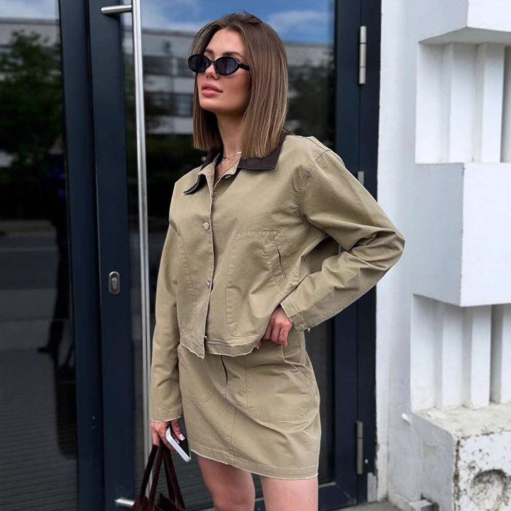 Women's Two-Piece Cotton Utility Set with Cropped Jacket and Mini Skirt Amarae