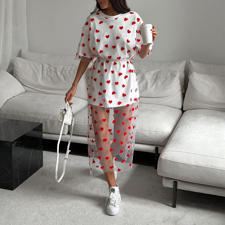 Modern tunic dress for women with heart pattern and sheer layer Lune London