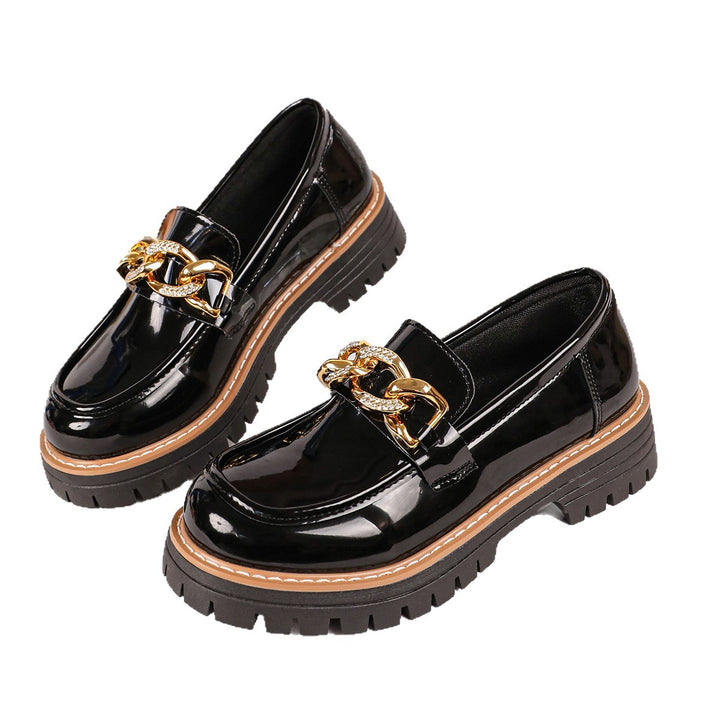 Women's Shiny Slip-On Loafers with Chunky Profile Sole and Decorative Chain Amarae