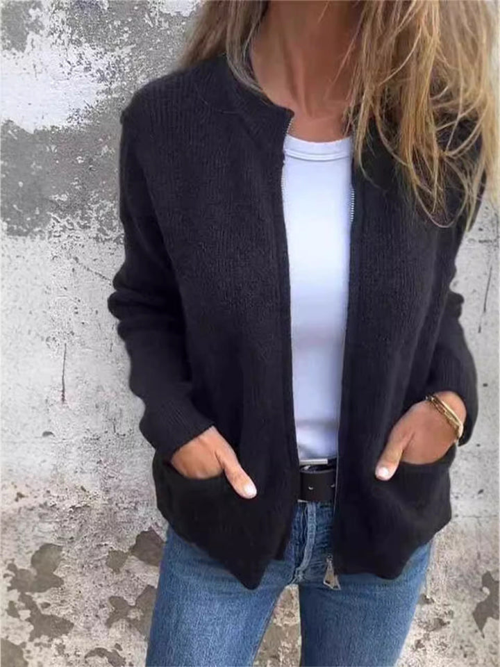 Amarae | Jacket with zipper - ribbed knit - loose fit - stand-up collar - practical pockets