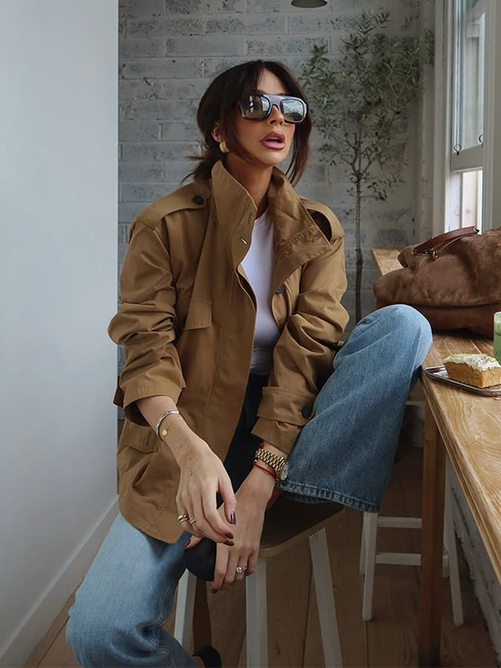 Ladies Lightweight Cotton Field Coat with Stand-up Collar, Shoulder Straps & Applied Flap Pockets Amarae