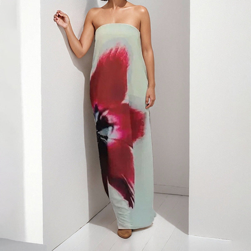 Robe maxi sans bretelles pour femmes avec imprimé floral et tissu fluide Chic & Stil