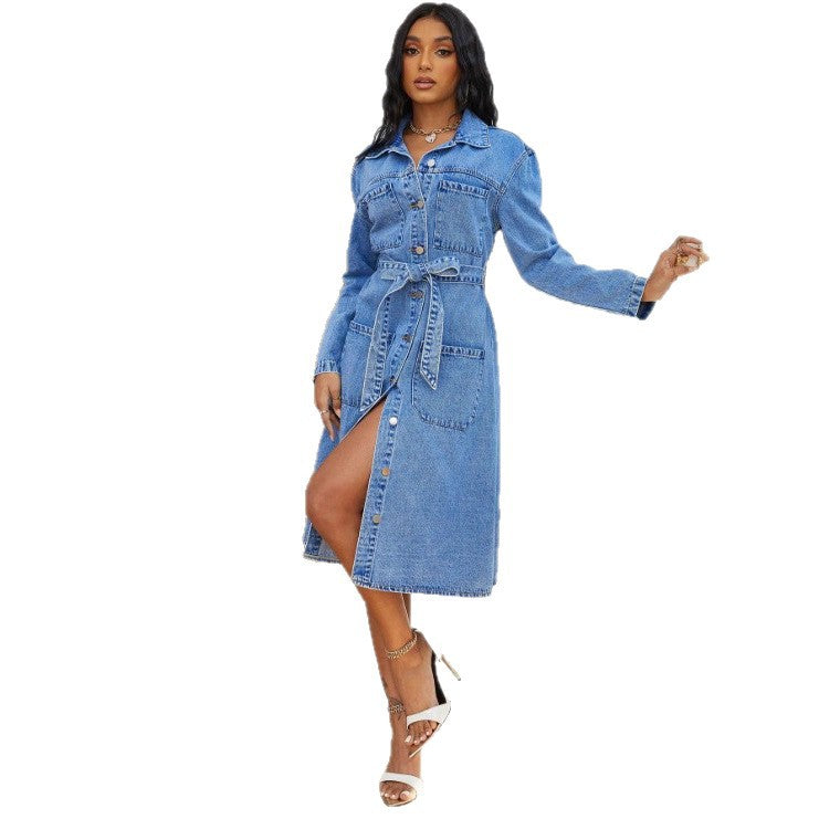 Ladies' midi dress made of denim with a waist belt and continuous button placket Amarae