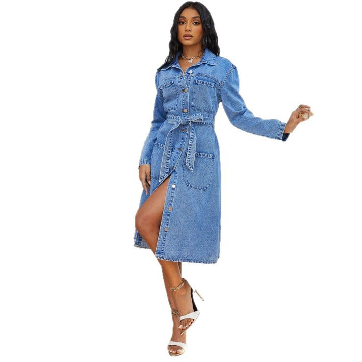 Ladies' midi dress made of denim with a waist belt and continuous button placket Amarae