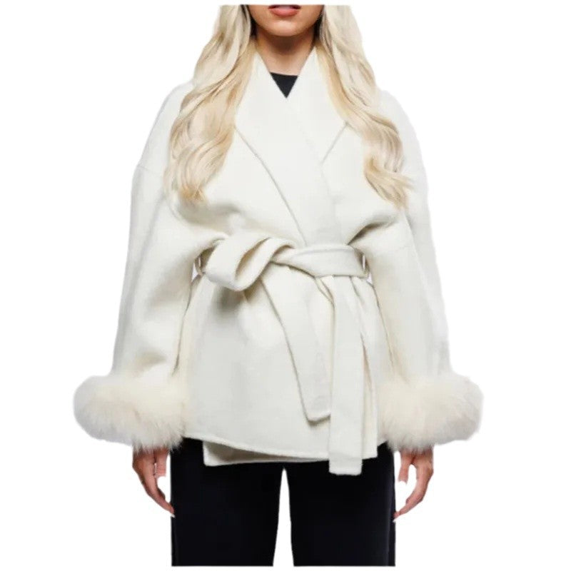 Ladies Elegant tie jacket with faux fur sleeves Lune London