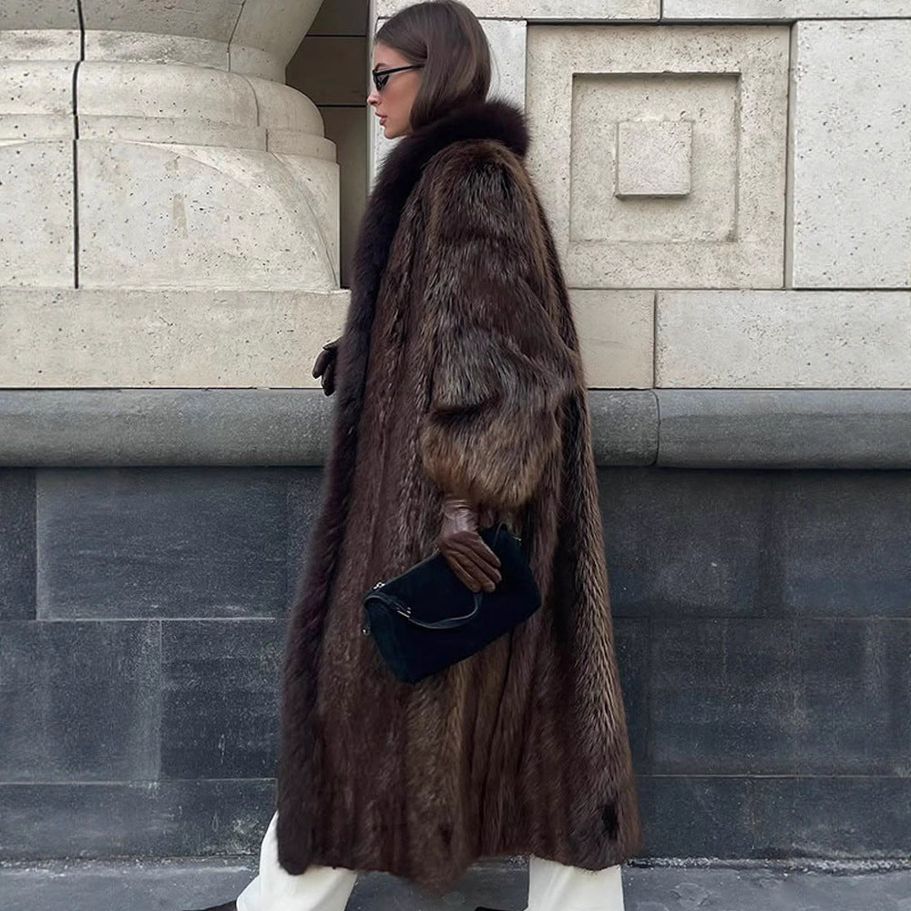 Women Luxurious Long Fur Coat with Wide Collar and Voluminous Sleeves Amarae