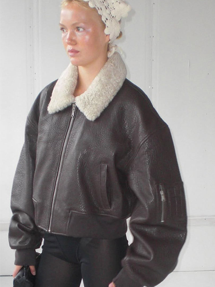 Ladies Oversized Pilot Jacket in Biker Bomber Style with Teddy Collar Amarae