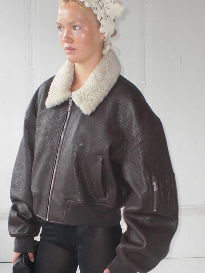 Ladies Oversized Pilot Jacket in Biker Bomber Style with Teddy Collar Amarae