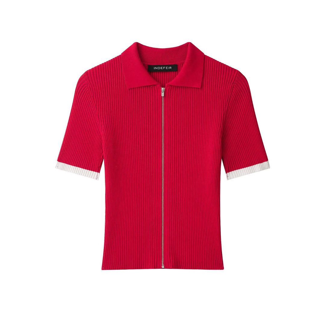 Women Ribbed Short Sleeve Polo Cardigan with Full Zip Amarae