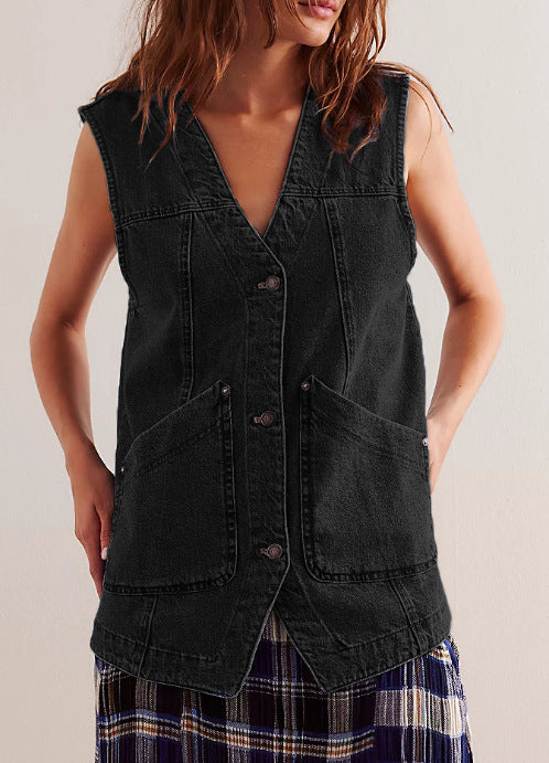 Women's denim dungaree jacket with practical pockets and fashionable V-neck Lune London