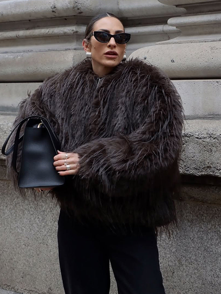 Ladies short jacket made of long-pile shaggy faux fur with hidden snap button placket Amarae