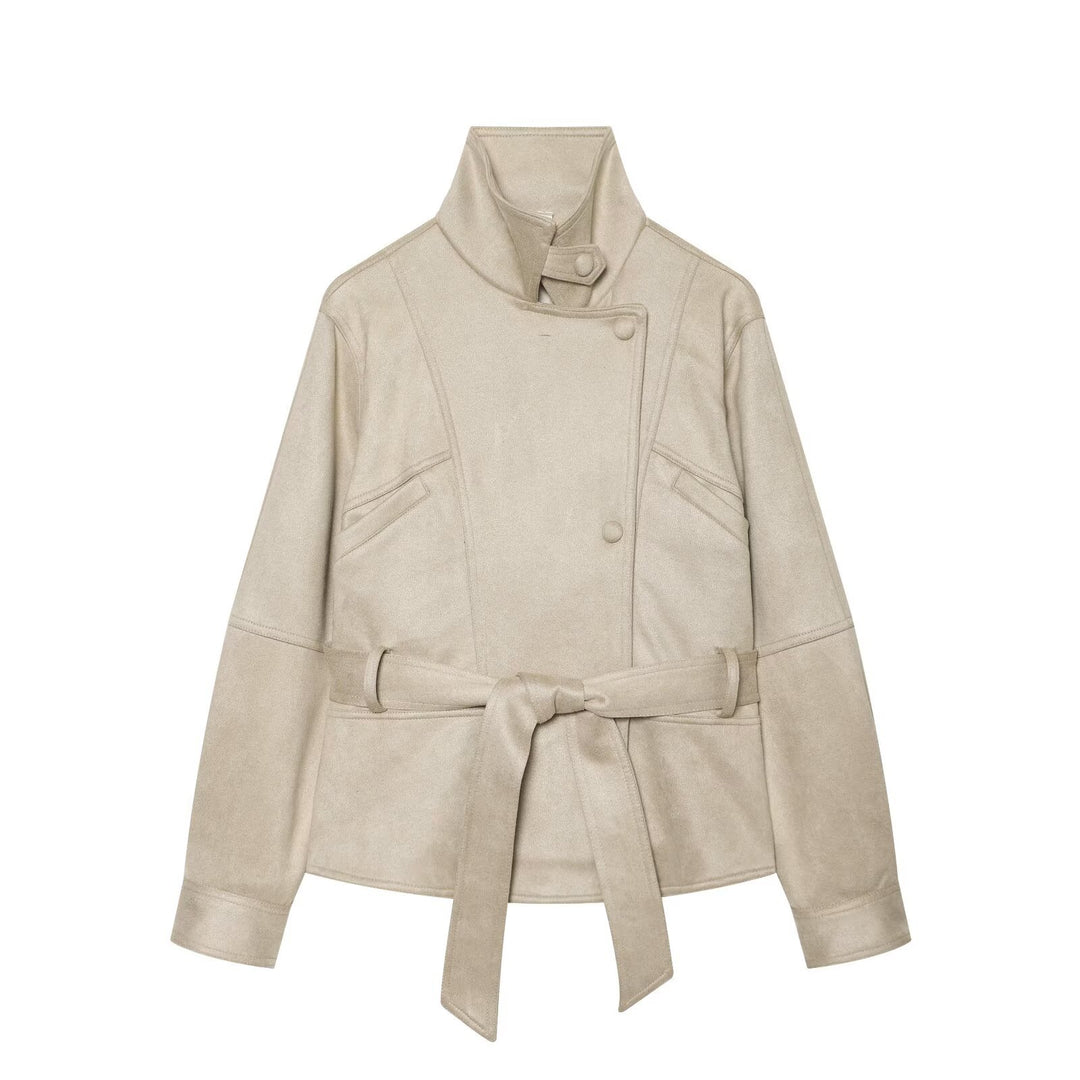 Women's tailored short jacket made of soft suede imitation with asymmetrical button placket and tie belt Amarae