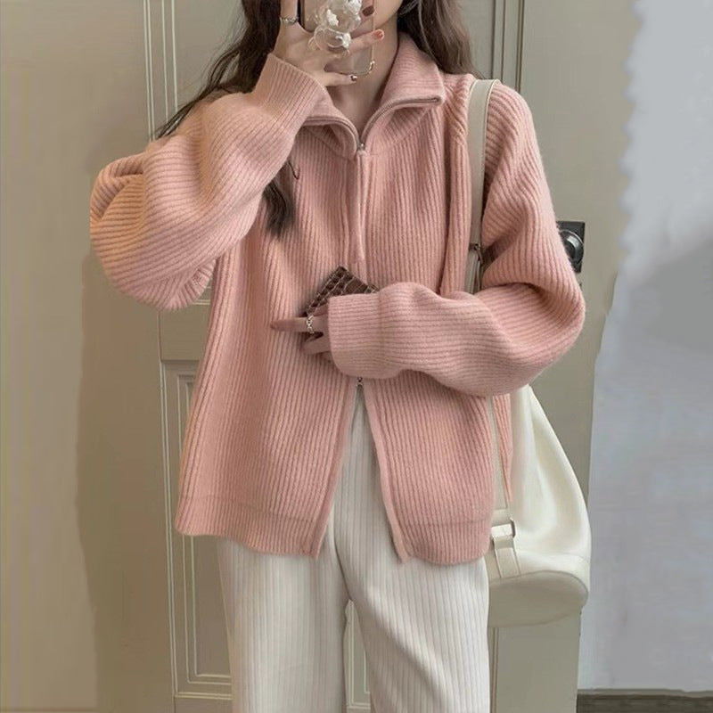 Knitted jacket for women with high collar embellishment and zipper Lune London