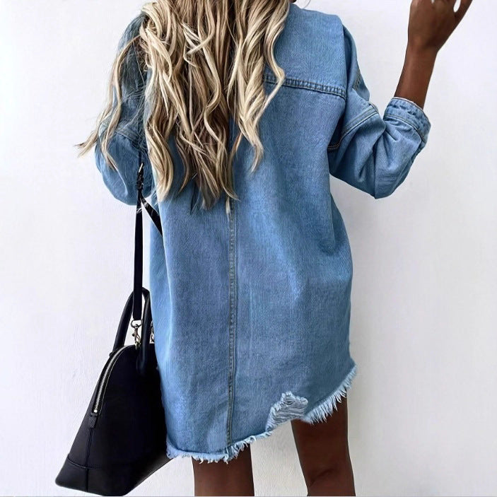 Women's Oversize Denim Shirt Jacket with Fringe Hem, Chest Pockets and Destroyed Detail Amarae