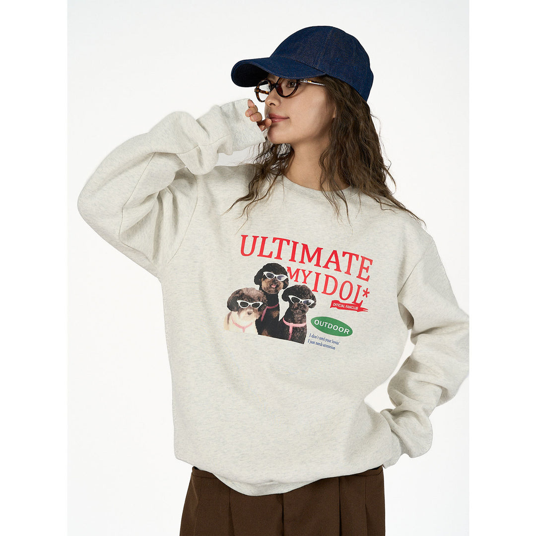 Ladies Cozy Cotton Blend Sweatshirt with Dog Photo Print and Ribbed Cuffs