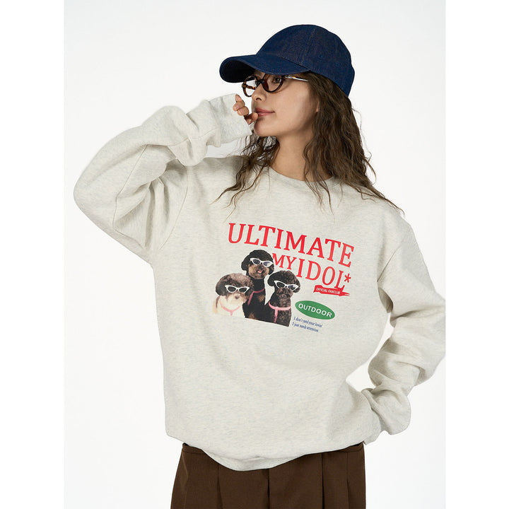 Ladies Cozy Cotton Blend Sweatshirt with Dog Photo Print and Ribbed Cuffs