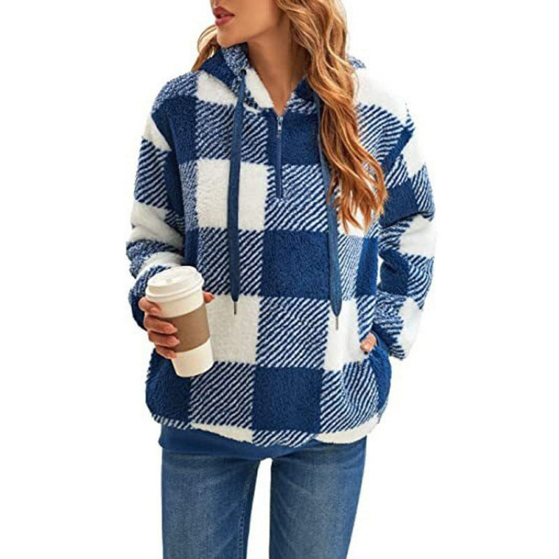 Plaid hooded sweatshirt for women with zipper and kangaroo pocket Lune London