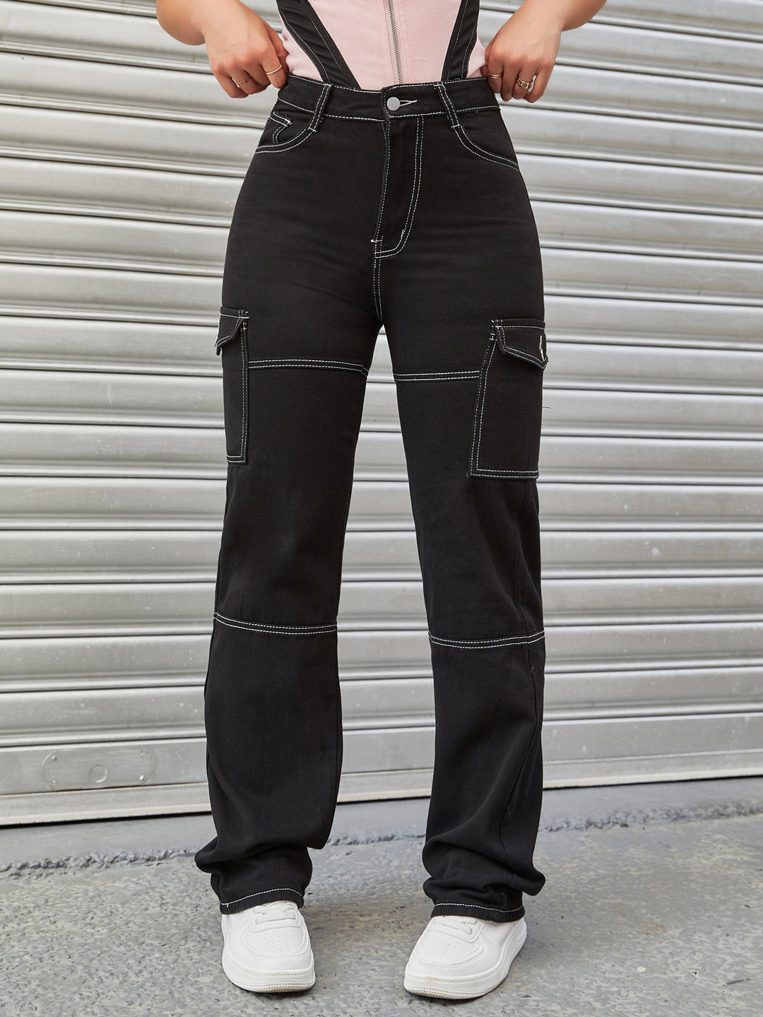 Women's High-Waisted Cargo Pants with Contrast Stitching and Straight Leg Amarae