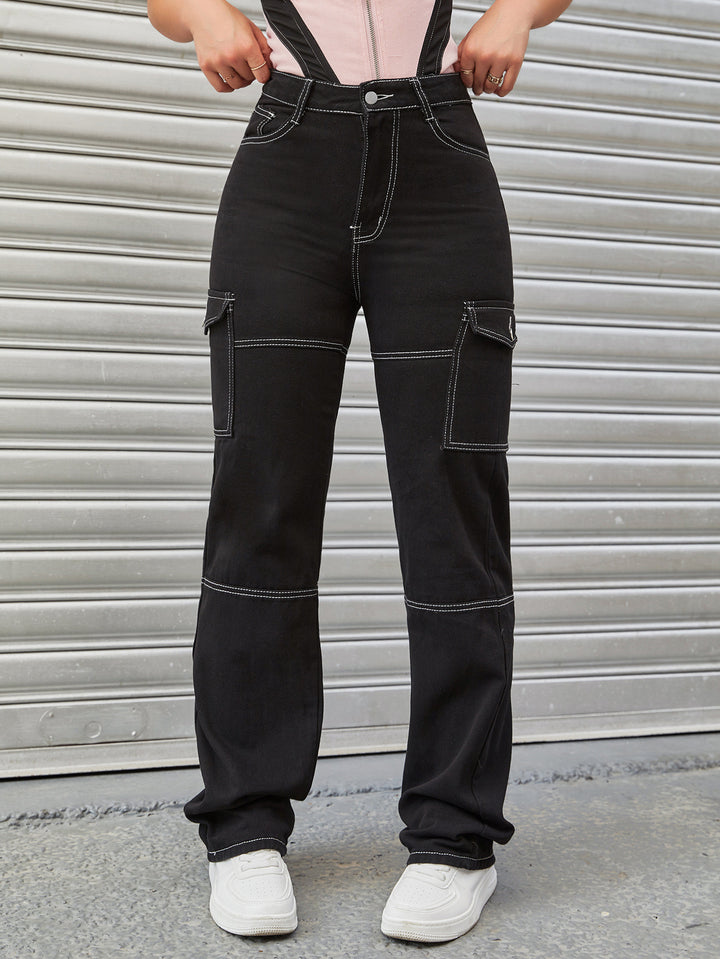 Women's High-Waisted Cargo Pants with Contrast Stitching and Straight Leg Amarae
