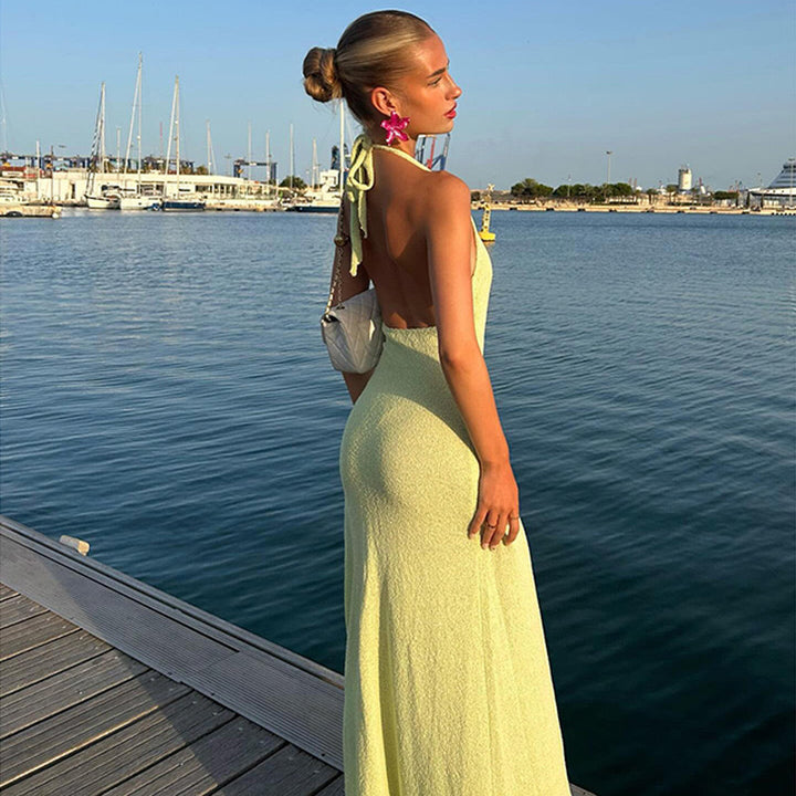 Maxi dress for women with floral accent and V-neck bottom Lune London