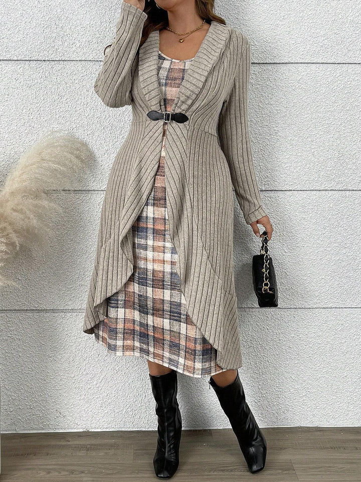 Knitted jacket for women with asymmetrical cut and decorative belt Lune London