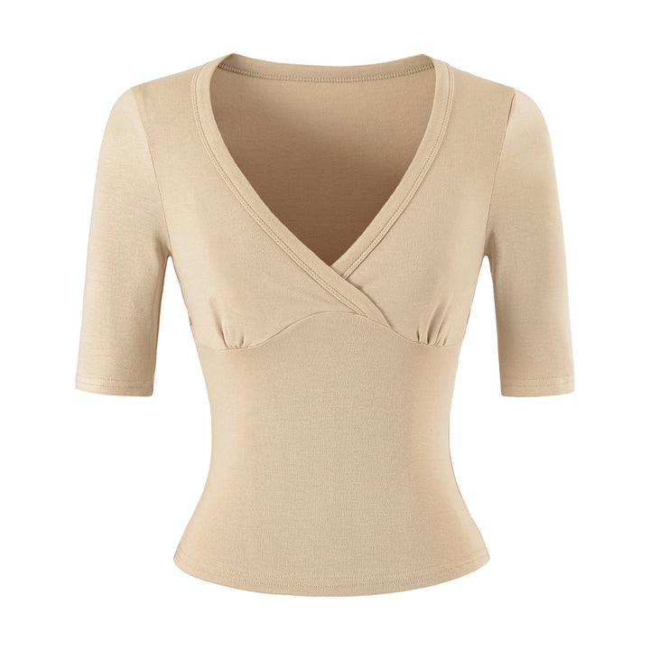 Women's body-hugging wrap shirt with deep V-neck, three-quarter sleeves, and waist accentuation Amarae
