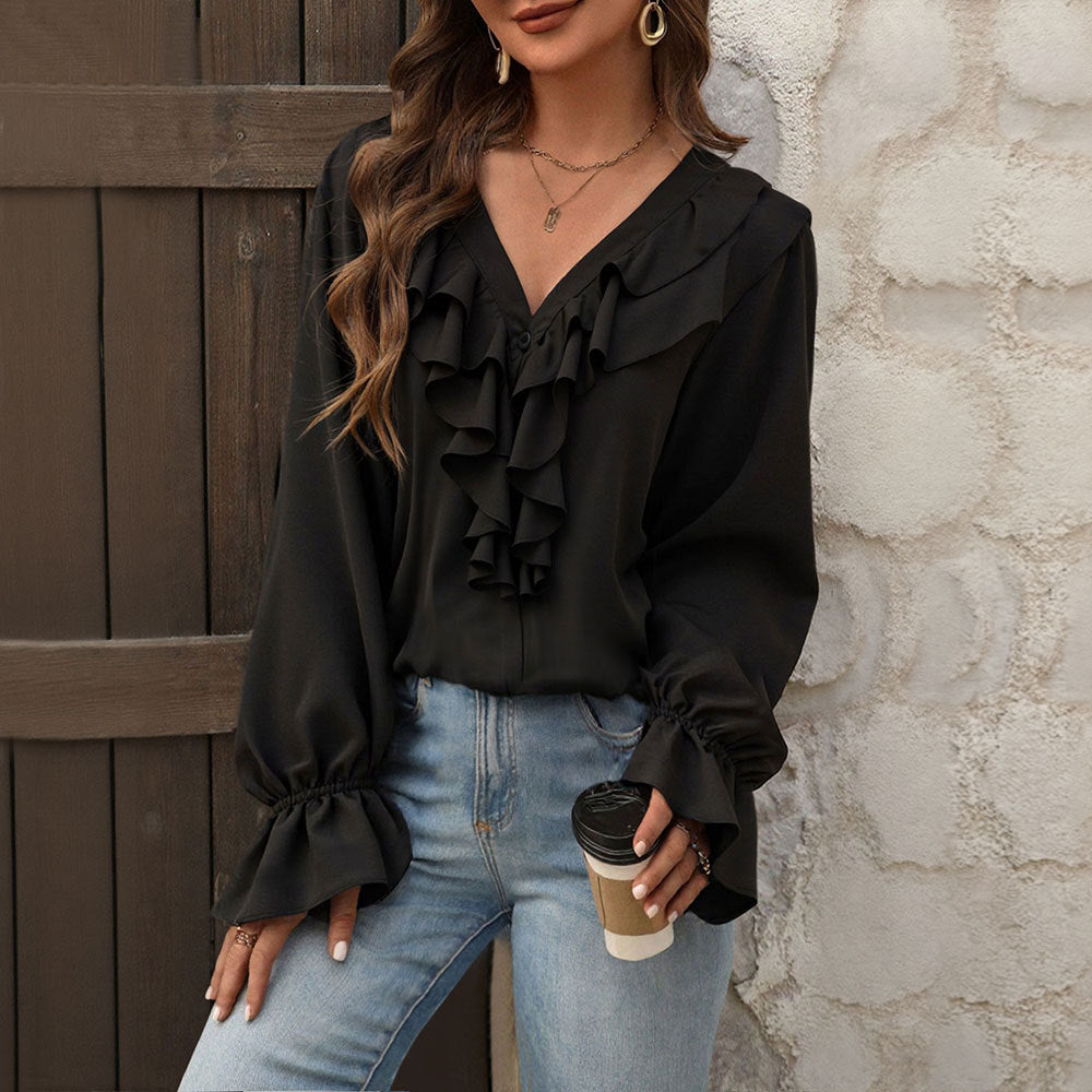 Blouse pour femme avec des détails de volants élégants et un chic col en V Chic & Stil