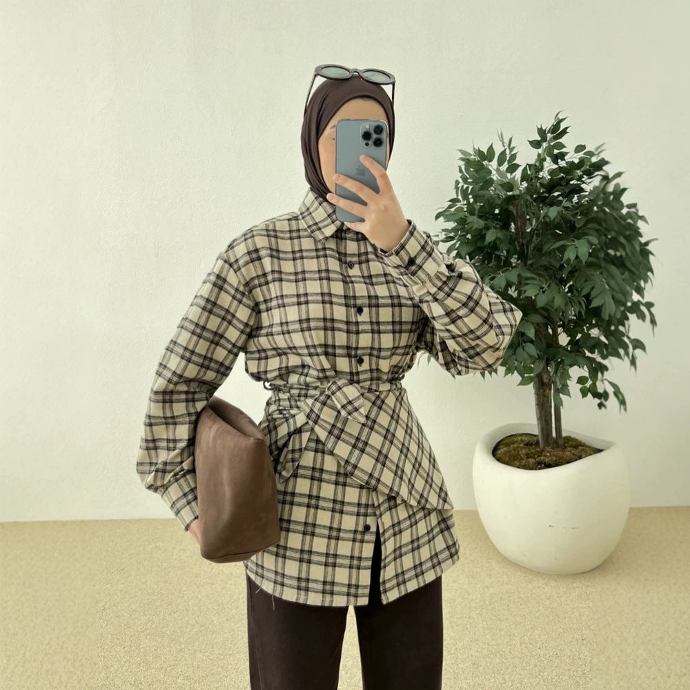 Women's Oversized Checked Shirt with Waist Belt and Extended Back Hem Amarae