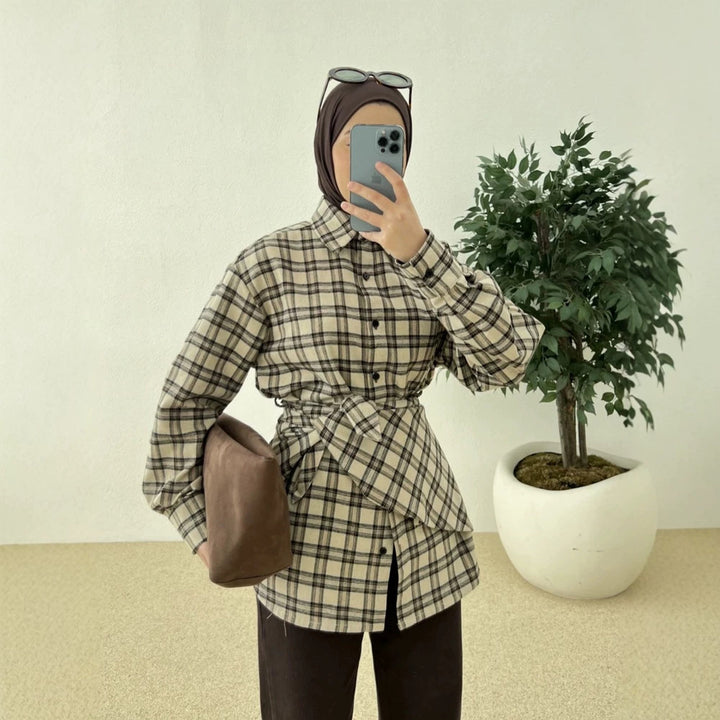 Women's Oversized Checked Shirt with Waist Belt and Extended Back Hem Amarae