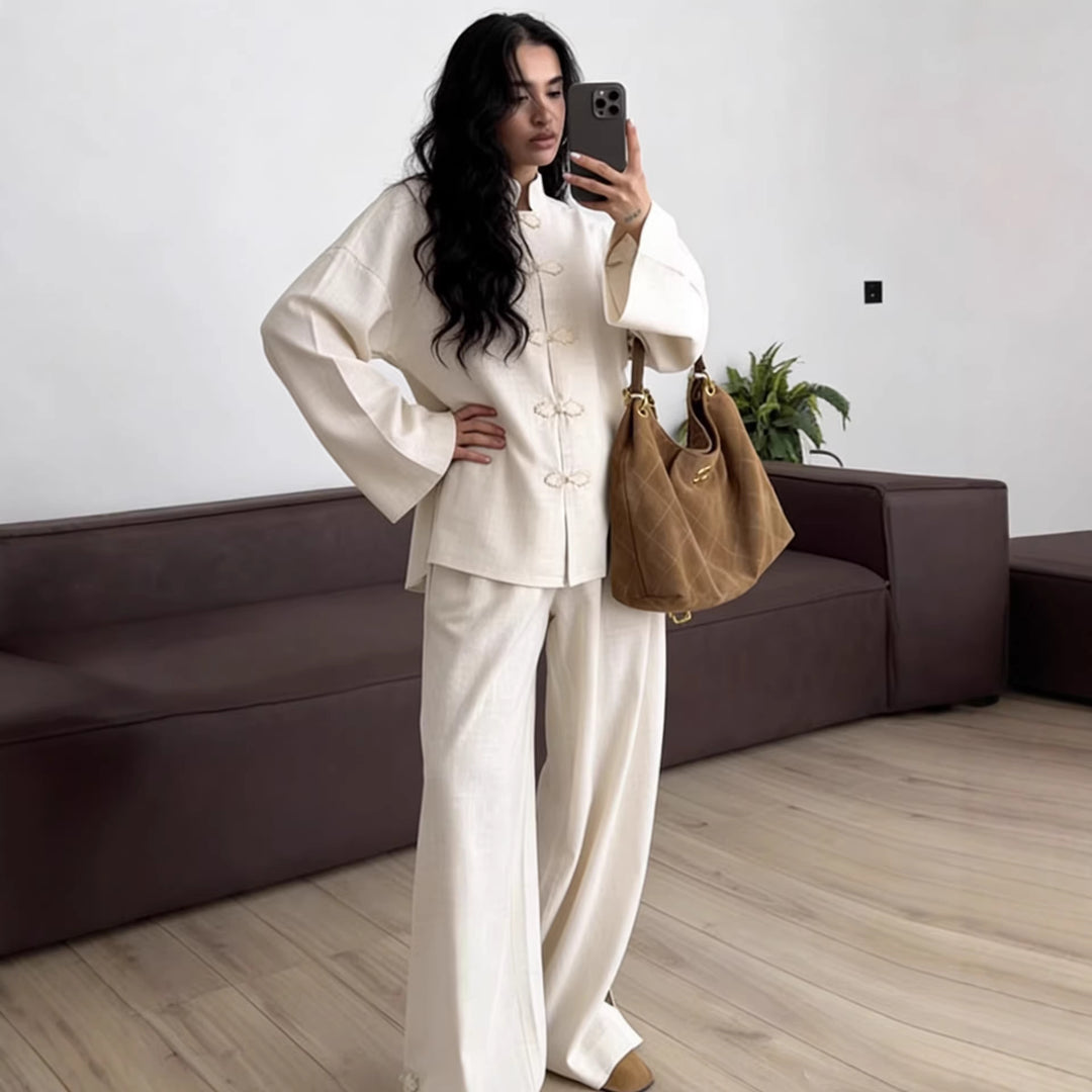 Women's Oversized Chinese Collar Blouse with Traditional Knot Closures and Wide Sleeves Amarae