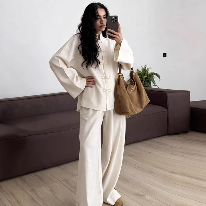 Women's Oversized Chinese Collar Blouse with Traditional Knot Closures and Wide Sleeves Amarae