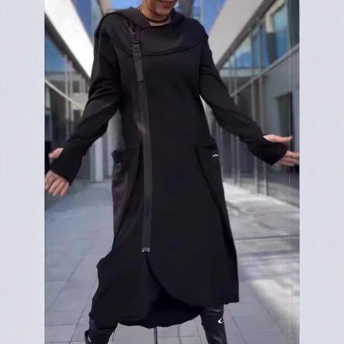 Modern women's hooded coat with side pockets and asymmetrical hem Amarae