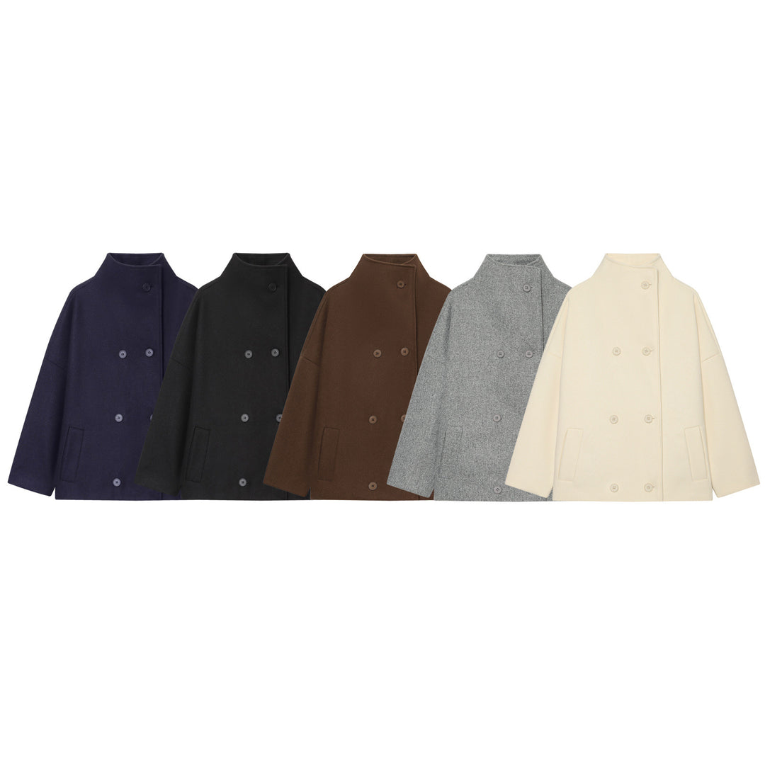 Women's Short Cape Coat made of Wool Blend with High Standing Collar and Double-Breasted Button Placket Amarae
