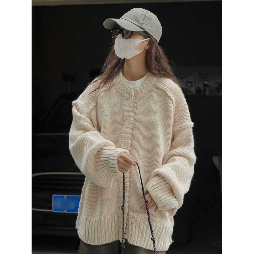 Women Oversized Chunky Knit Cardigan with Button Placket and Cable Pattern Amarae
