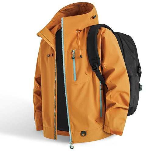 Functional outdoor jacket for men with adjustable hood drawstring and practical zip pockets Amarae