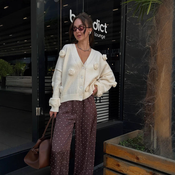 Women's Oversized Knit Cardigan with Three-Dimensional Rose Appliqués and V-Neck Amarae